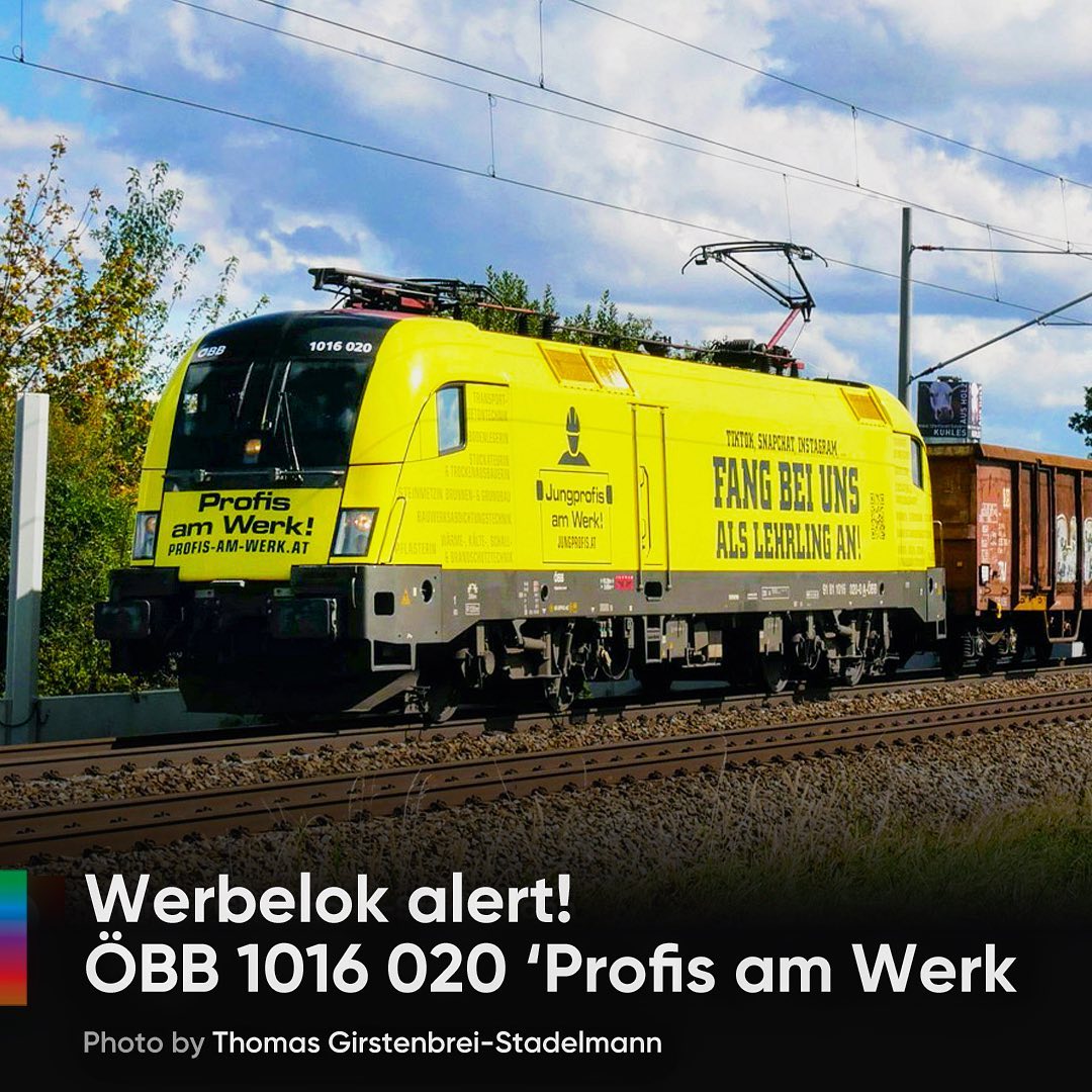 📷 Thomas Girstenbrei-Stadelmann 🇩🇪 A new ÖBB Werbelok is out! 🐝 Read more via the link in our bio ⬆️
.
.
.
.
#öbb #unsereoebb #Rh1016 #1016020 #siemensmobility #Siemens #taurus #ES64U #Eurosprinter #electriclocomotive #ellok #lokomotive #eisenbahn #eisenbahner #eisenbahnfotografie #trainspotter #trainspot #railways_of_europe #railcolor #railcolornews #werbelok #locomotive