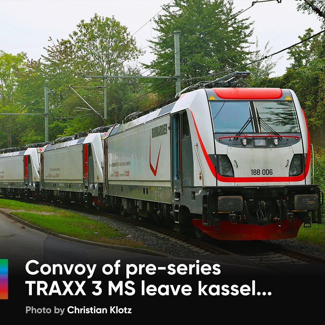 📷 by Christian Klotz 🇩🇪 
A convoy of pre-series (ex-bombardier) TRAXX 3 MS have left Alstom’s factory in Kassel (DE), destination unknown…. 🤔 

Read more via the link in our bio ⬆️
.
.
.
.
#bombardiertraxx #Bombardier #traxx #Traxx3ms #TraxxMs3 #baureihe188 #Alstom #Alstomtraxx #188001 #188004 #188005 #188006 #kassel #eisenbahnfotografie #eisenbahner #igersbahn #railcolornews #railcolor #ellok #electriclocomotive #locomotive #eisenbahn #railways #railwaynews