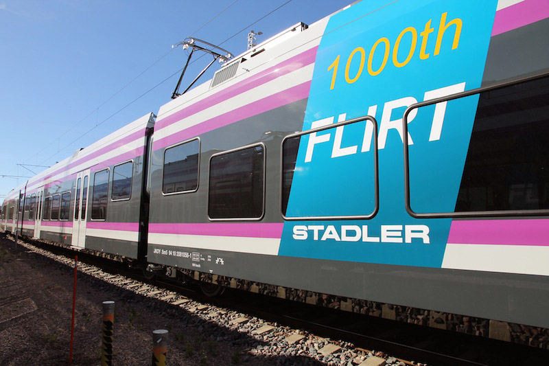 A special sticker for Flirt no. 1000. Stadler Rail